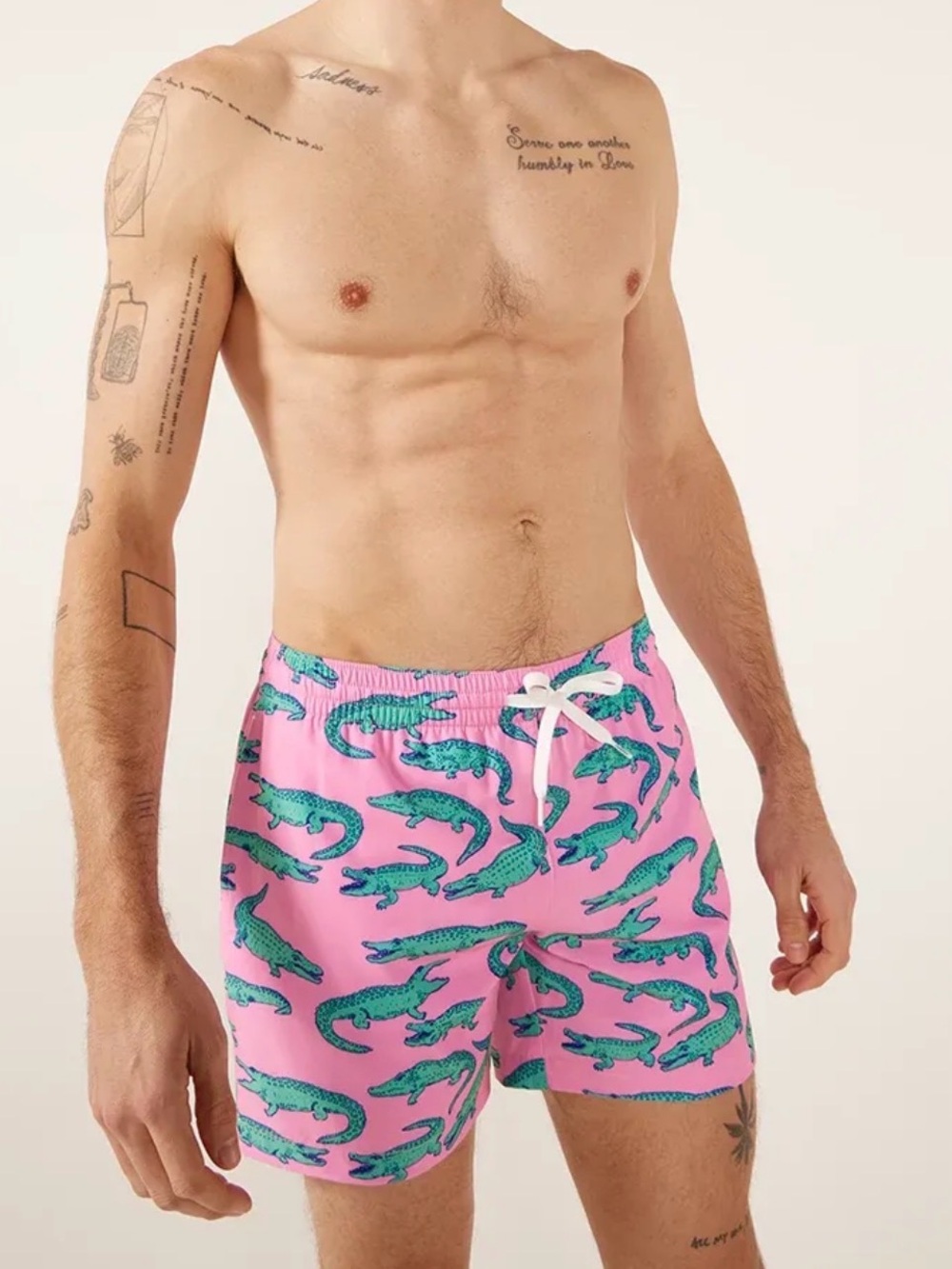 chubbies Pink Swim Trunks with Teal Alligator Print